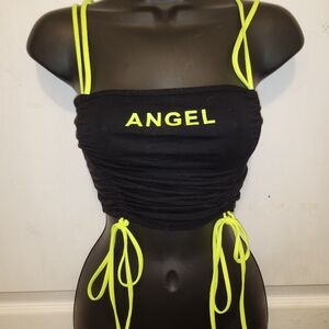 Fashion Nova Y2K  ANGEL neon yellow and black crop top